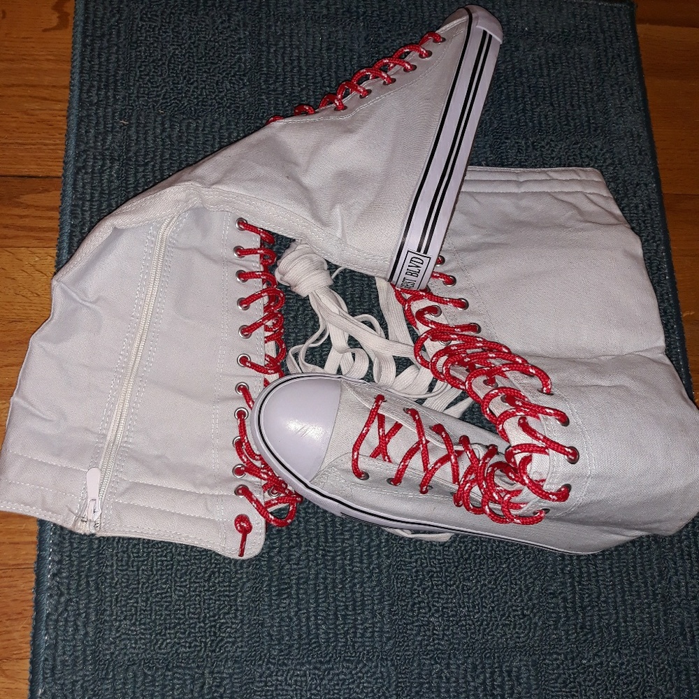 White knee high lace up tennis shoes